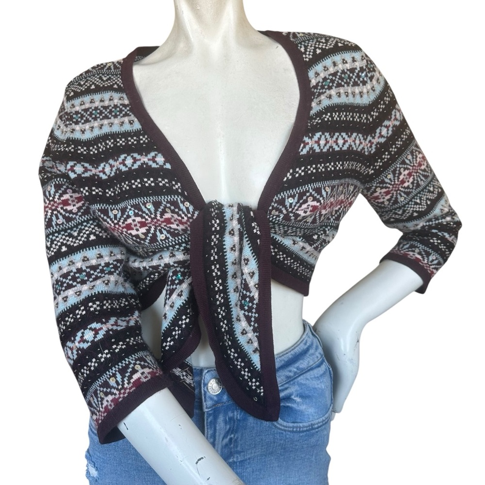 Y2K INC Fair Isle Beaded Sequin Angora Silk Blend Cropped Tie Front Cardigan